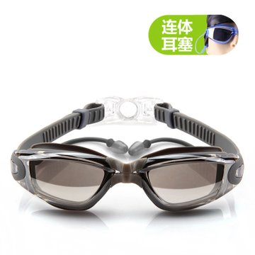 户外泳镜防水防雾游泳眼镜男女大框电镀镜带耳塞泳镜1309(银色)