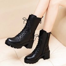 SUNTEK英伦风新款马丁靴内增高女鞋子系带中筒靴高跟秋冬季粗跟短靴加绒(37 055黑色单里)