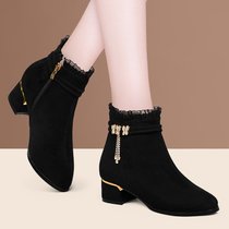 SUNTEK黑色小跟短靴女2021年春秋季粗跟单靴女士皮靴中跟绒面单鞋女鞋子(38 黑色单里)