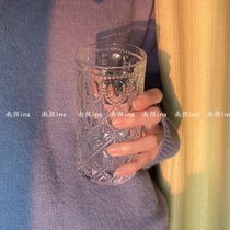 网红ins北欧风复古浮雕玻璃杯田园风牛奶水杯奶茶果汁杯啤酒杯子(透明高款380ml)