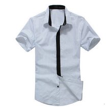 BEBEERU男装新款夏装短袖衬衣时尚休闲衬衫男士韩版加大码(F02蓝条纹)