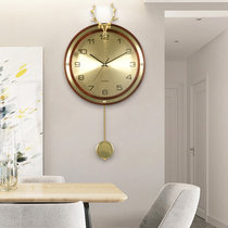 汉时（Hense)欧式时尚轻奢实木装饰挂钟客厅创意黄铜鹿头静音摆钟HP21(胡桃木大号A)