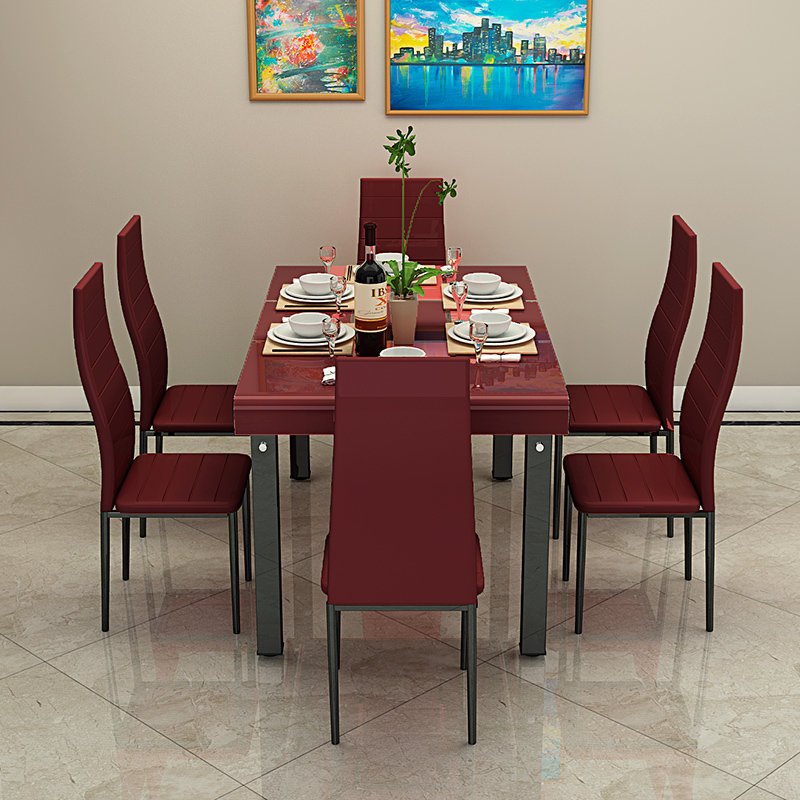 喜人缘餐桌椅组合长方形钢化玻璃餐桌家用小户型饭桌酒红色11070一桌