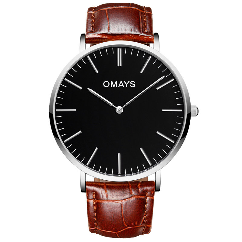 时oms0011国产品牌表图片】欧美时(omays)超薄时尚真皮带石英手表男士