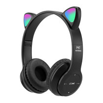 新款P47M猫耳朵发光头戴式蓝牙耳机卡通学生儿童可插卡有线耳机(黑色 P47M蓝牙耳机)