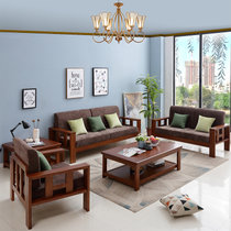 夏树 新中式实木沙发客厅家具组合布艺座垫小户型三人位贵妃位(1+2+3组合+长茶几（送方茶几））)