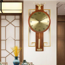 汉时（Hense)新中式轻奢创意黄铜鹿头实木挂钟欧式客厅静音装饰石英钟表HP1922(铜色边框金属表框)