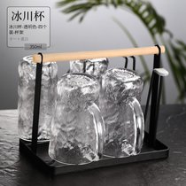 日式冰川纹玻璃杯带把手家用客厅喝水杯子ins风高颜值茶杯咖啡杯(高款350ml-透明4个+杯架)