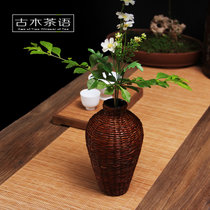 手工草编陶胎小花瓶 插花器 日式花道 客厅摆件 创意陶瓷花器