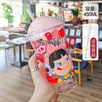 个性创意带吸管玻璃杯家用冷饮奶茶网红学生牛奶杯子可爱女夏水杯(大草莓+直吸管+星球盖)