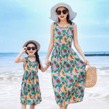亲子装夏季新款母女度假沙滩背心长裙110-160码 S-XL码女童绵绸宽松无袖连衣裙10(110（身高100-110） 绿色)