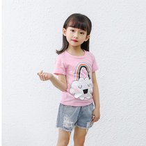 2021夏季新款纯棉短袖T恤儿童夏装宝宝上衣(130码 JDX-全棉短袖单-粉色云朵)