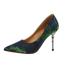 时尚浅口拼色高跟鞋女2017秋季新款单鞋尖头细跟百搭显瘦气质女鞋(38)(绿色)
