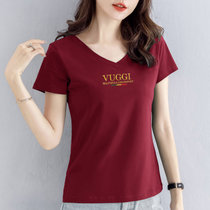 纯棉v领短袖t恤女2022年新款夏季女装修身气质半袖上衣体恤衫(酒红 XL)