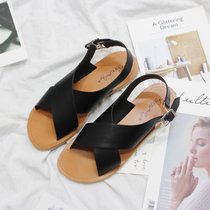 凉鞋女夏平底2018新款韩版外穿百搭简约平跟软底一字扣带罗马凉鞋(40)(黑色)