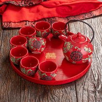 中式红色结婚陶瓷茶具套装双喜茶壶敬茶杯婚庆用品新娘嫁妆回礼物(纯红石榴花1壶8杯+33圆盘 礼盒包装)
