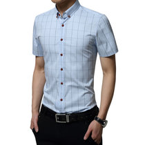 男士格子衬衫 修身男式衬衫棉格子免烫短袖衬衫(浅蓝色 XL)