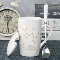 陶瓷马克杯子创意个性带盖勺潮流情侣喝水杯家用咖啡杯男女茶杯(射手座+专属勺（白）)