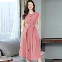 雪纺连衣裙夏季2021新款修身长款气质长裙很仙的法国小众流行裙子(粉红色 M)