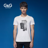 G&G新品夏季时尚印花男士短袖T恤英伦风圆领t恤夏日修身打底衫T恤(白色 S)