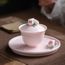 花开富贵粉色茶具套装  手工捏花陶瓷功夫茶具套装一盖碗圆壶承二铃铛杯居家泡茶