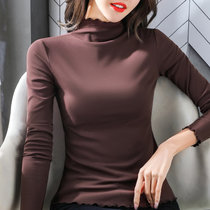 巴洛尼莫2021新款打底衫女秋冬季荷叶边莫代尔棉修身型绿色长袖t恤女装(D0001A咖啡 XXL)