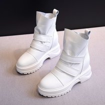 SUNTEK马丁靴女英伦风2021年秋冬季新款加绒短靴内增高女鞋厚底高跟靴子(37 米白色 单里)