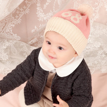 牛奶朋友宝宝秋冬季毛线帽68棉线帽宝宝手工编织帽婴儿帽子秋冬(粉色 均码46-50CM（4-24个月）)