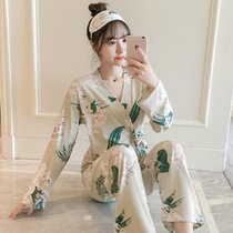 秋冬季长袖日式和服睡衣女开衫纯棉春天甜美可爱学生家居服两件套(长袖开衫和服百合花)