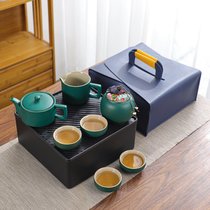 便携式茶具用品套装家用日式高档提梁茶壶茶杯茶盘轻奢旅行收纳包(绿色-四方皮包-龙启壶)