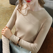 MISS LISA莫代尔t恤时尚圆领薄款长袖打底衫纯色弹力内搭上衣J1D2213(卡其 S)