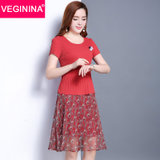 VEGININA 印花修身显瘦假两件套雪纺连衣裙 9705(红色 3XL)