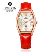 亨宝时hangboss手表时尚商务女表时尚女士手表精钢石英表女士皮带腕表(玫瑰金红色带)