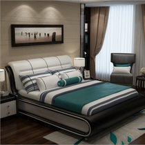【京好】皮艺软床 简约现代实木双人床  婚床家具A101(黑白色皮床+两床头柜 1.8*2米规格)
