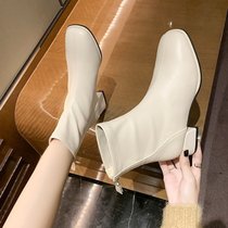 SUNTEK法式小短靴女鞋2021新款春秋马丁靴百搭单靴冬季加绒白色瘦瘦靴子(37 米白色（薄绒）)