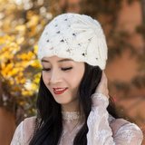 SUNTEK女人味十足复古优雅大花朵马海毛手工针织帽包头毛线帽子女保暖帽(M（56-58cm） 白色)