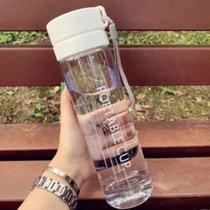 塑料杯男女学生情侣便携大容量水杯韩版简约清新运动太空杯子森系(透明白)
