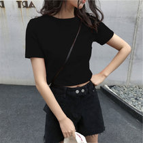 SUNTEK短款T恤女夏装心机小众设计感2022新款韩国学生高腰露脐短袖上衣(XXL 307#黑色【纯色】)