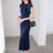 MISS LISA修身针织连衣裙春夏季新款女装外贸名媛收腰裙子720021(蓝色 M)
