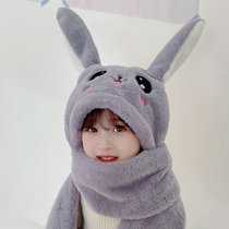 会动的兔耳朵帽子儿童围巾一体秋冬季女童可爱男童2021宝宝保暖帽(2-4岁+一捏耳朵会动 仿兔绒-灰色)