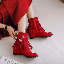 SUNTEK2021新款甜美波西米亚内增高仙女鞋时尚短筒流苏靴中跟网红短靴子(34 红色 薄绒单靴)
