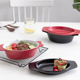 松发瓷器陶瓷烤盘沙拉碗盘2件套 汤碗菜碟9.5英寸红碗+黑碟 可烘焙微波炉蒸箱