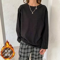 SUNTEK韩版ins下摆破洞长袖t恤女加绒加厚内搭打底衫秋冬中长款宽松上衣(L 黑色【2123#圆领德绒】)