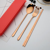 筷子勺子 304不锈钢餐具组合三件套学生便携餐具韩式叉子成人套装(玫瑰金（勺+叉+筷子+玫红盒） 默认版本)