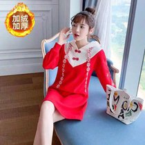 红色刺绣改良旗袍网红卫衣裙2021年加厚新款设计感连帽加绒(红色裙子-【加绒】 XL 建议【120-140斤】)