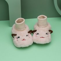 冬宝宝加绒地板鞋袜可爱婴儿鞋超软羊羔绒加绒地板中筒不掉袜套(柠檬黄 猫咪(加绒防滑） 【M】1-2岁（脚12-14CM）)