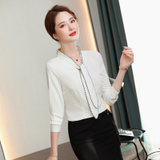 MISS LISA雪纺衬衫女长袖气质韩版职业衬衣蝴蝶结领带打底上衣EY639(白色 XS)