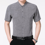 新款中年亚麻立领男短袖衬衫简约中式棉麻复古桑蚕丝衬衣男爸爸装ZYA1702(深灰色 170)