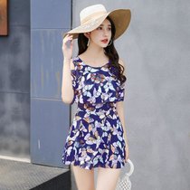 泡温泉韩国分体小香风女生游泳衣两件套大码平角显瘦海边度假泳装(藏青色-蝴蝶8836 3XL-建议140-165斤)