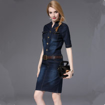 素芬 夏季新款欧美立领短袖修身牛仔连衣裙一步裙 初秋包臀中长裙(深蓝色 XL)
